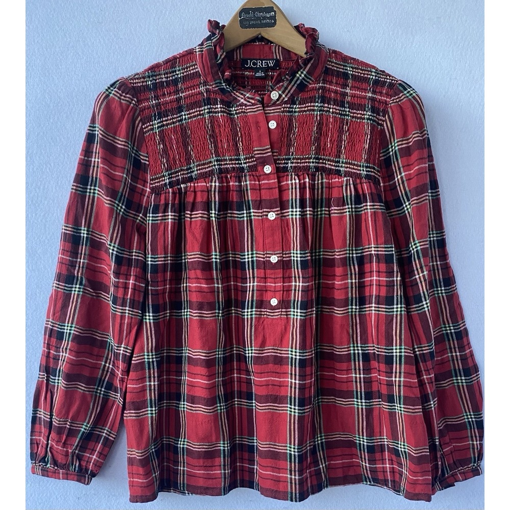 J Crew Ruffleneck Cotton Flannel Popover Top in Red Tartan Plaid Womens XS